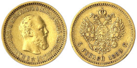 Russland
Alexander III., 1881-1894
5 Rubel 1889, St. Petersburg. Ohne Mmz. am Halsabschnitt. 6,45 g. 900/1000. fast vorzüglich. Bitkin 34. Friedberg...