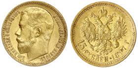 Russland
Nikolaus II., 1894-1917
15 Rubel 1897. Kopf mit 3 Buchstaben der Umschrift unter Halsabschnitt. 12,90 g. 900/1000. vorzüglich. Bitkin 2. Fr...