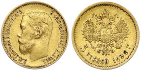 Russland
Nikolaus II., 1894-1917
5 Rubel 1899, St. Petersburg. 4,30 g. 900/1000. sehr schön/vorzüglich. Bitkin 24. Friedberg 180.