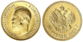 Russland
Nikolaus II., 1894-1917
10 Rubel 1903, St. Petersburg. 8,60 g. 900/1000. gutes vorzüglich. Bitkin 11. Friedberg 179.