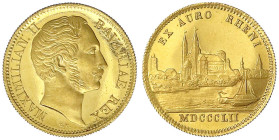 Bayern
Maximilian II., 1848-1864
Rheingold-Dukat 1852. 3,49 g. Auflage nur ca. 500 Ex. fast Stempelglanz/Erstabschlag, äußerst selten Ex. Partin Ban...