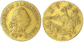 Brandenburg-Preußen
Friedrich II., 1740-1786
Friedrich d'or 1783 A, Berlin. 6,60 g. fast sehr schön, min. justiert. Olding 435. Friedberg 2411.