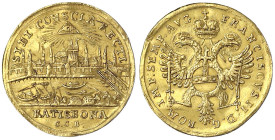 Regensburg, Stadt
Dukat o.J. (1792-1806), mit Titel Franz II. Stadtansicht. 3,46 g. vorzüglich, kl. Kratzer, selten Ex. Gießener Münzhandlung Auktion...