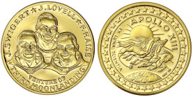 Luft- und Raumfahrt
Goldmedaille o.J. (1969). Apollo 13 (abgebrochene Mission). 3 Astronauten/Emblem. 26 mm, 7,84 g. 999,9/1000. Polierte Platte. Kai...