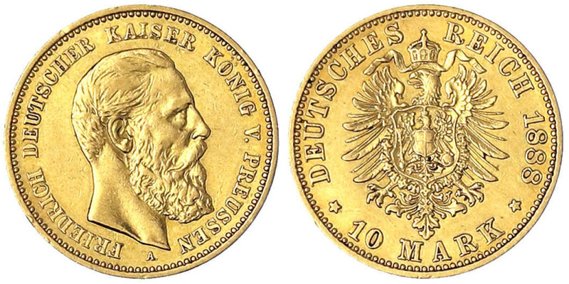 Preußen
Friedrich III., 1888
10 Mark 1888 A. vorzüglich, kl. Randfehler. Jaege...