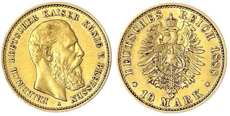 Preußen
Friedrich III., 1888
10 Mark 1888 A. gutes sehr schön. Jaeger 247.