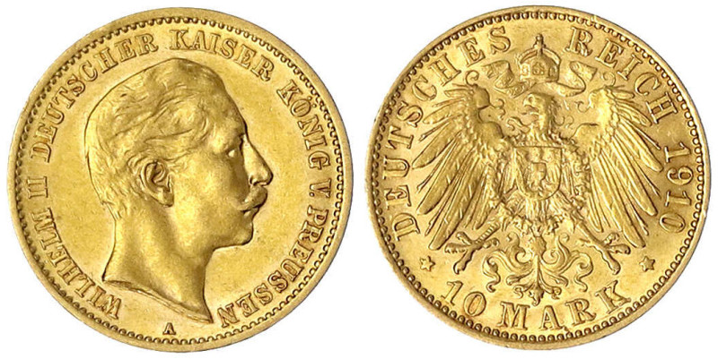 Preußen
Wilhelm II., 1888-1918
10 Mark 1910 A. vorzüglich/Stempelglanz. Jaeger...