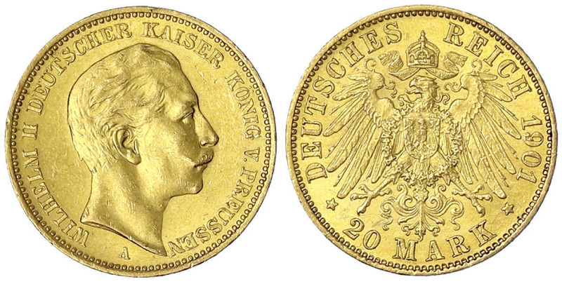 Preußen
Wilhelm II., 1888-1918
20 Mark 1901 A. vorzüglich/Stempelglanz, min. R...