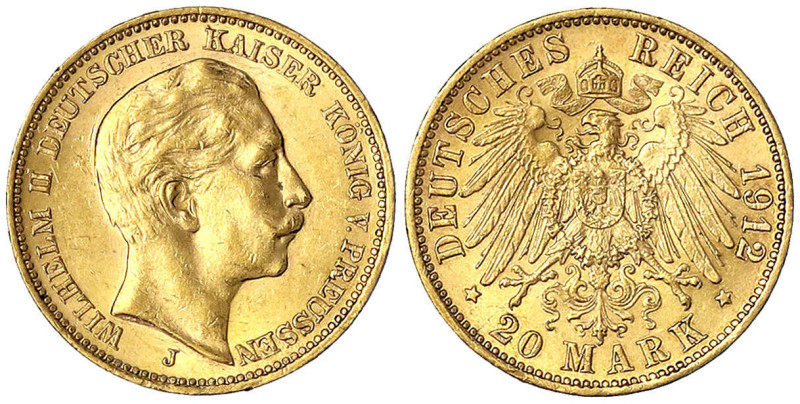 Preußen
Wilhelm II., 1888-1918
20 Mark 1912 J. Hamburg. vorzüglich/Stempelglan...