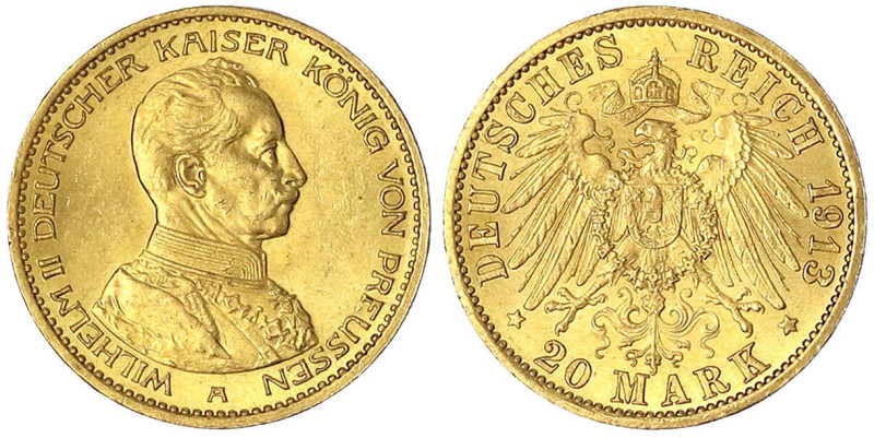 Preußen
Wilhelm II., 1888-1918
20 Mark 1913 A. Kaiser in Uniform. prägefrisch/...