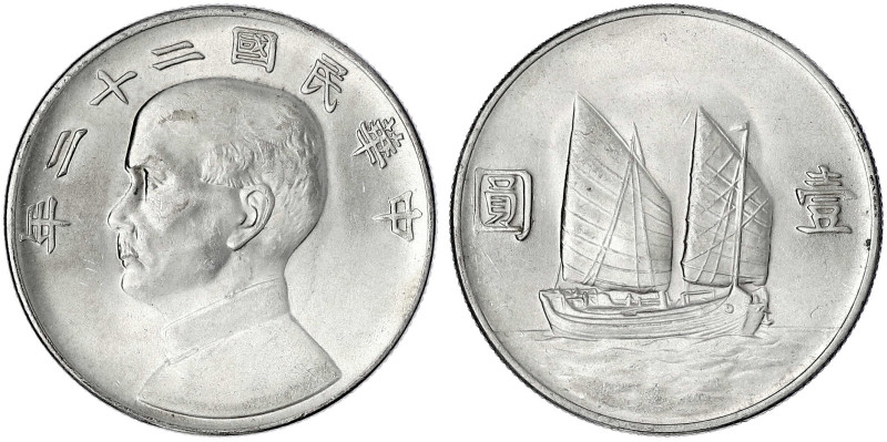 China
Republik, 1912-1949
Dollar (Yuan) Jahr 22 = 1933. fast Stempelglanz, Pra...