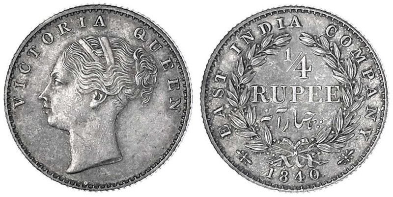 Indien
Victoria, 1837-1901
1/4 Rupee 1840 C, Calcutta. vorzüglich/Stempelglanz...