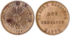 Argentinien
Konföderation 1854-1881
2 Centavos 1854 vorzüglich/Stempelglanz, leichte Flecke, selten in dieser Erhaltung. Krause/Mishler 24.