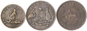 Australien
Victoria, 1837-1901
3 Kupfer-Tokens, alle Melbourne: 1/2 Penny 1851 Taylor, Penny 1858 und 1859 G. & D.H. Rocke. schön/sehr schön