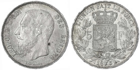 Belgien
Leopold II., 1865-1909
5 Francs 1873, Pos. A. prägefrisch/fast Stempelglanz, Prachtexemplar mit schöner Tönung