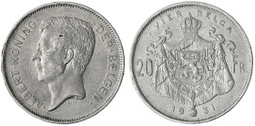 Belgien
Albert I., 1909-1934
20 Francs 1931 Der Belgen. sehr schön/vorzüglich, kl. Randfehler. Krause/Mishler 102.