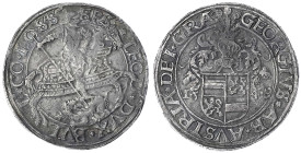 Belgien-Lüttich, Bistum
Georg von Österreich, 1544-1557
Taler 1549. St. Georg zu Pferd n.r. sticht Drachen/behelmtes Wappen. 27,96 g. vorzüglich, fe...