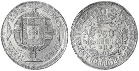 Brasilien
Johannes VI., 1818-1822
960 Reis 1821 R. Überprägungsspuren. vorzüglich. Krause/Mishler 326.1.