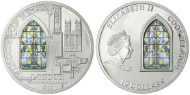 Cookinseln
Britisch, seit 1773
10 Dollars Silbermünze mit Glasinlay 2011. Windows of Heaven. Westminster Abbey in London. Fenster des Royal Flying C...