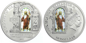 Cookinseln
Britisch, seit 1773
10 Dollars Silbermünze mit Glasinlay 2012. Windows of Heaven. Isaakskathedrale in St. Petersburg. Fenster Auferstehun...