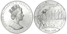 Falkland Inseln
Britisch
25 Pounds Silber 1985 zur 100 Jf. der Selbstversorgung. 150 g. Sterlingsilber. Im Etui. Polierte Platte, kl. Fleck. Krause/...
