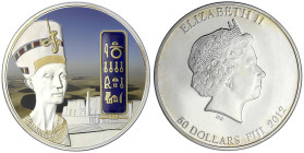 Fidschiinseln
Britisch
50 Dollars 2 Unzen Silbermünze 2012. Nofretete in Farbe mit Palladiumauflage und 24 Karat Goldapplikation. Polierte Platte, e...
