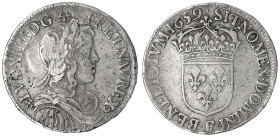 Frankreich
Ludwig XIV., 1643-1715
1/2 Ecu à la mèche lomgue 1659 F, Angers, Mzm. Mathurin Hardouin. fast sehr schön, kl. Randfehler. Gadoury 169.
