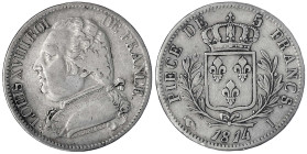 Frankreich
Ludwig XVIII., 1814, 1815-1824
5 Francs 1814 I, Limoges. sehr schön. Krause/Mishler 702.6.