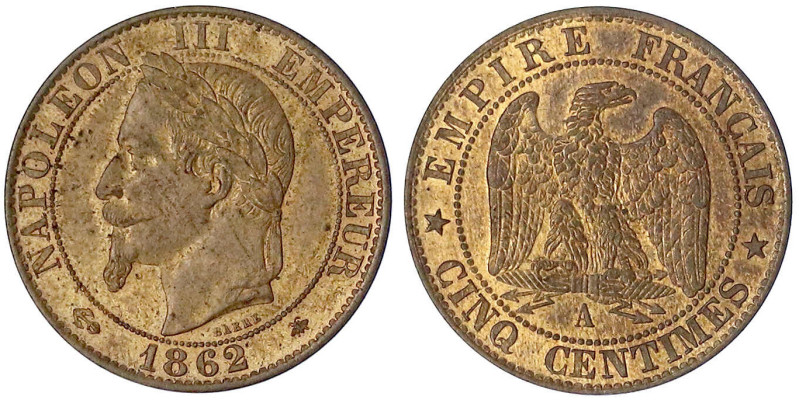 Frankreich
Napoleon III., 1852-1870
5 Centimes 1862 A, Paris. fast Stempelglan...