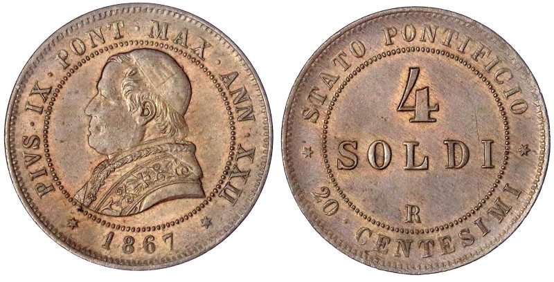 Italien-Kirchenstaat
Pius IX., 1846-1878
4 Soldi 1867 R, Jahr XXII. vorzüglich...