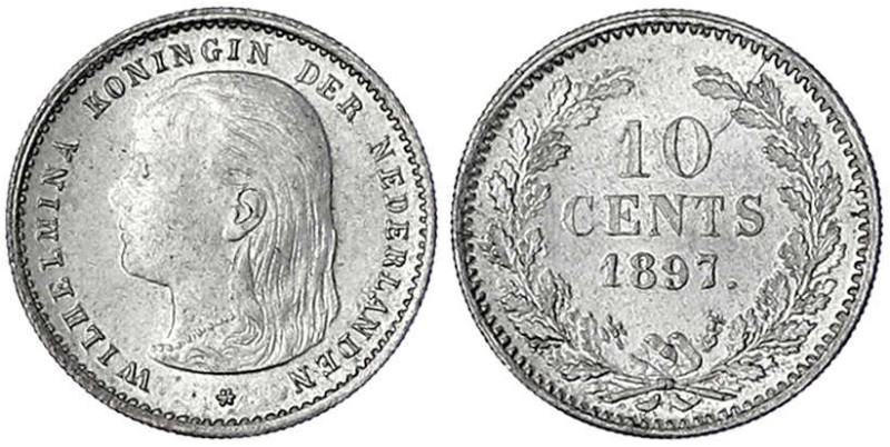 Niederlande
Wilhelmina, 1890-1948
10 Cents 1897. fast Stempelglanz. Krause/Mis...