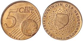 Niederlande
Beatrix, 1980-2013
5 Euro-Cent 1999, Rondenverwechslung, auf 2-Euro-Cent-Ronde. 3,06 g. Mit Kurz-Expertise Franquinet. prägefrisch
