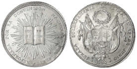 Peru
Republik, seit 1821
6 Reales 1834, a.d. Reformation der Verfassung. 35 mm; 16,87 g. fast Stempelglanz, Prachtexemplar, sehr selten in dieser Er...