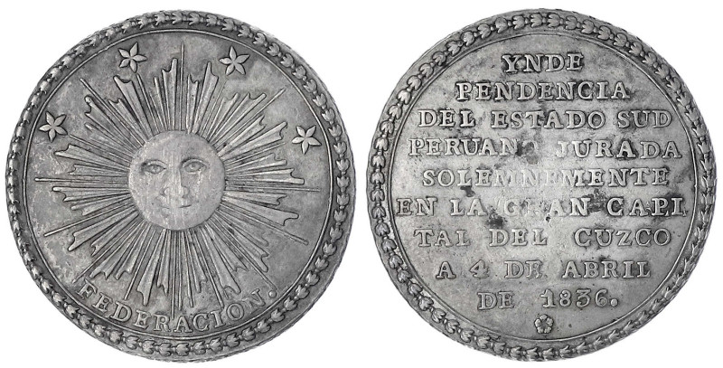 Peru
Süd-Peru, 1836-1839
4 Reales Unabhängigkeit 1836. Sonne/Schrift. Zapata 8...