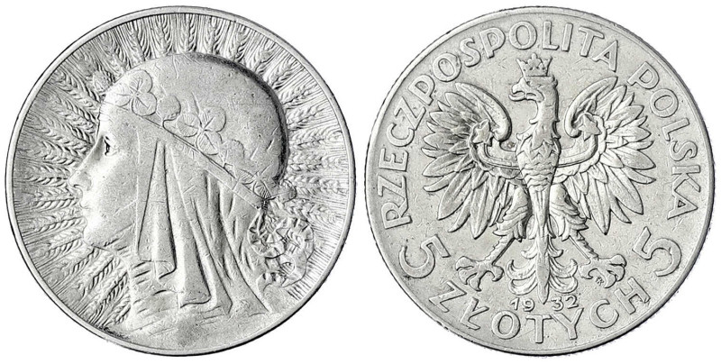 Polen
Zweite Republik, 1923-1939
5 Zlotych 1932 Pfeil, Warschau. sehr schön/vo...