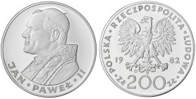 Polen
Volksrepublik Polen, 1952-1989
200 Zlotych Silber 1982, Johannes Paul II. Polierte Platte, selten. Fischer K 027. Krause/Mishler Y 137.