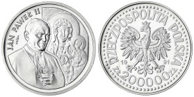 Polen
Republik Polen, seit 1989
200.000 Zlotych PROBE Silber 1991 Johannes Paul II. In Kapsel. Polierte Platte. Parchimowicz P 641.