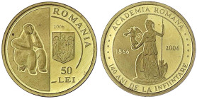 Rumänien
Republik, seit 1989
50 Lei PROBE 2006. Academia Romana in Tombak, 3,24 g. Polierte Platte, etwas berührt. Krause/Mishler zu 211.
