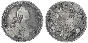 Russland
Katharina II., 1762-1796
Rubel 1774, St. Petersburg. fast sehr schön, Prägeschwäche. Bitkin 218. Davenport. 1684.