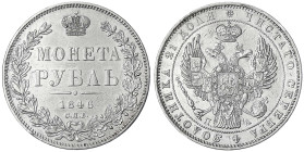 Russland
Nikolaus I., 1825-1855
Rubel 1846, St. Petersburg. sehr schön/vorzüglich, etwas gereinigt. Bitkin 208.