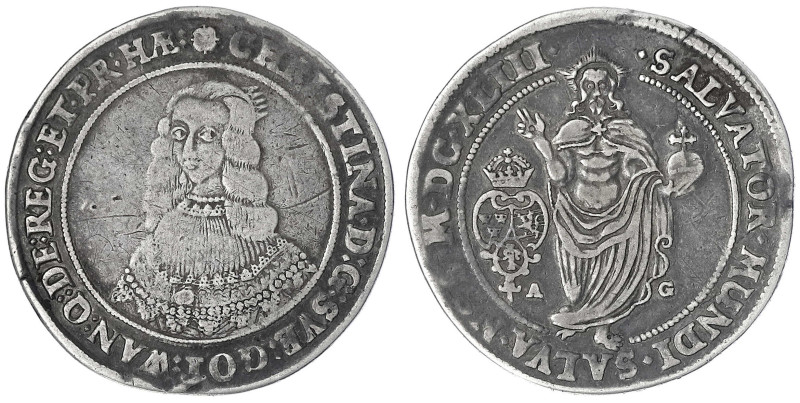 Schweden
Christina, 1632-1654
Salvatortaler 1643 AG. In der Umschrift mit REG....