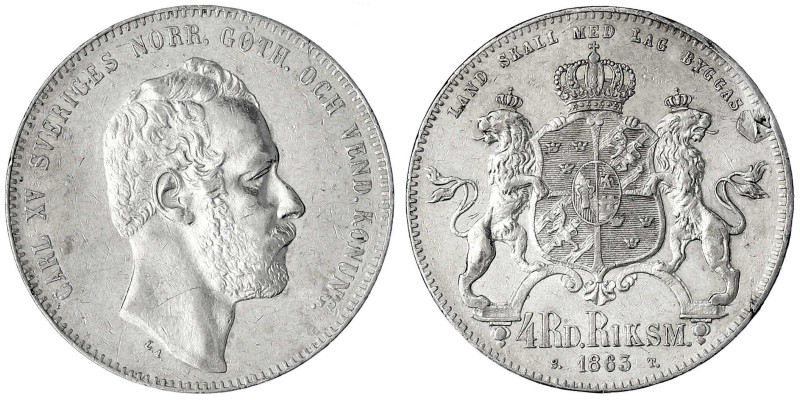 Schweden
Carl XV., 1859-1872
4 Rigsdaler Rigsmynt 1863. gutes sehr schön, Schr...