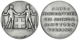 Schweiz-Aargau, Kanton
Versilberte Bronzemedaille 1924 von Hans Frei. Schützenfest in Aarau. 50 mm. vorzüglich, kl. Randfehler. Richter 45b.