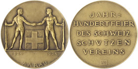 Schweiz-Aargau, Kanton
Bronzemedaille 1924 von Hans Frei. Schützenfest in Aarau. 50 mm. Im Originaletui. vorzüglich. Richter 45c.