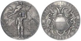 Schweiz-Lausanne
Stadt
Silbermedaille 1894, von Richard. Kantonalschützenfest in Lausanne. 45 mm; 38,94 g. vorzüglich/Stempelglanz, schöne Patina. R...