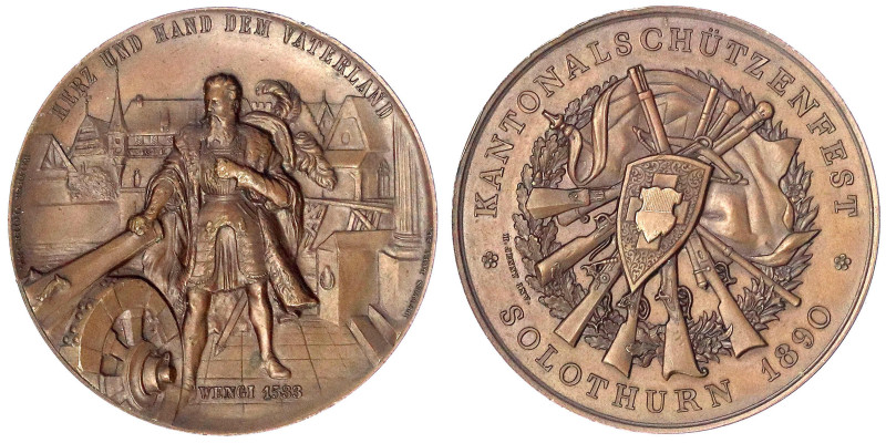 Schweiz-Solothurn
Bronzemedaille 1890 v. Bovy, a.d. Kantonalschützenfest. 45 mm...