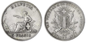 Schweizerische Eidgenossenschaft
5 Franken (Schützentaler) La Chaux-de-Fonds 1863. Auflage nur 6000 Ex. sehr schön/vorzüglich. Divo 50. HMZ 2-1343e....
