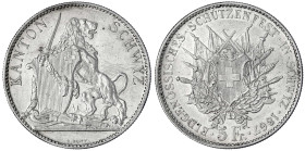 Schweizerische Eidgenossenschaft
5 Franken (Schützentaler) Schwyz 1867. Auflage nur 8000 Ex. fast vorzüglich, Kratzer. Divo/Tobler 52. HMZ 1-1343g.