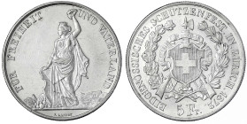 Schweizerische Eidgenossenschaft
5 Franken (Schützentaler) Zürich 1872. Auflage nur 10000. vorzüglich. Divo 54. HMZ 2-1343i.