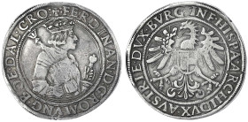 Haus Habsburg
Ferdinand I., 1521-1564
Reichstaler o.J., Hall. Mit Titeln von Böhmen, Dalmatien und Kroatien (ohne REX). 28,32 g. sehr schön, Kratzer...